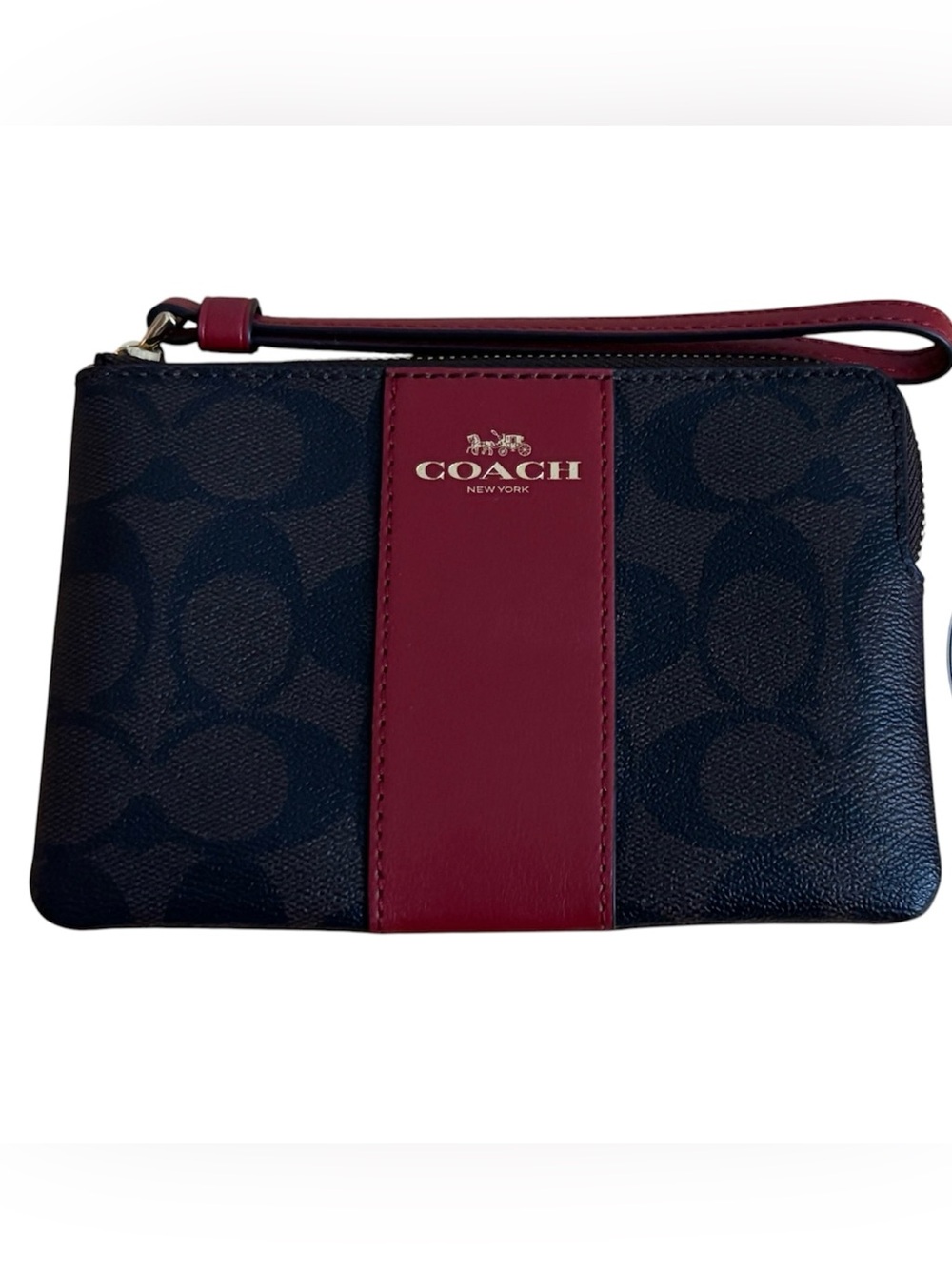 Coach Black Signature Canvas Wristlet with Burgundy Center Stripe